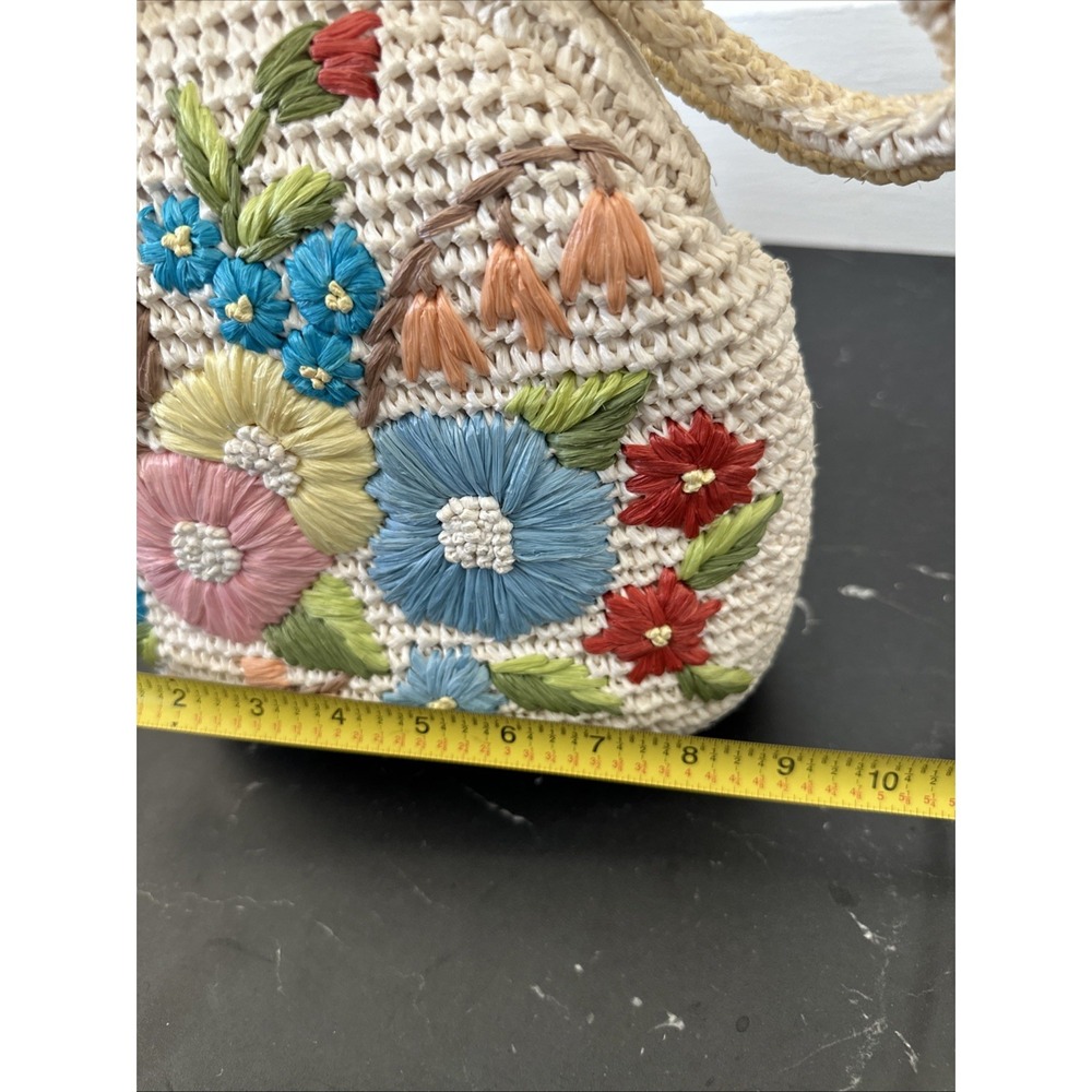 VTG 60s Magid Made In Japan Raffia Floral Embroidered Pinup Boho Handbag Purse - Picture 12 of 16